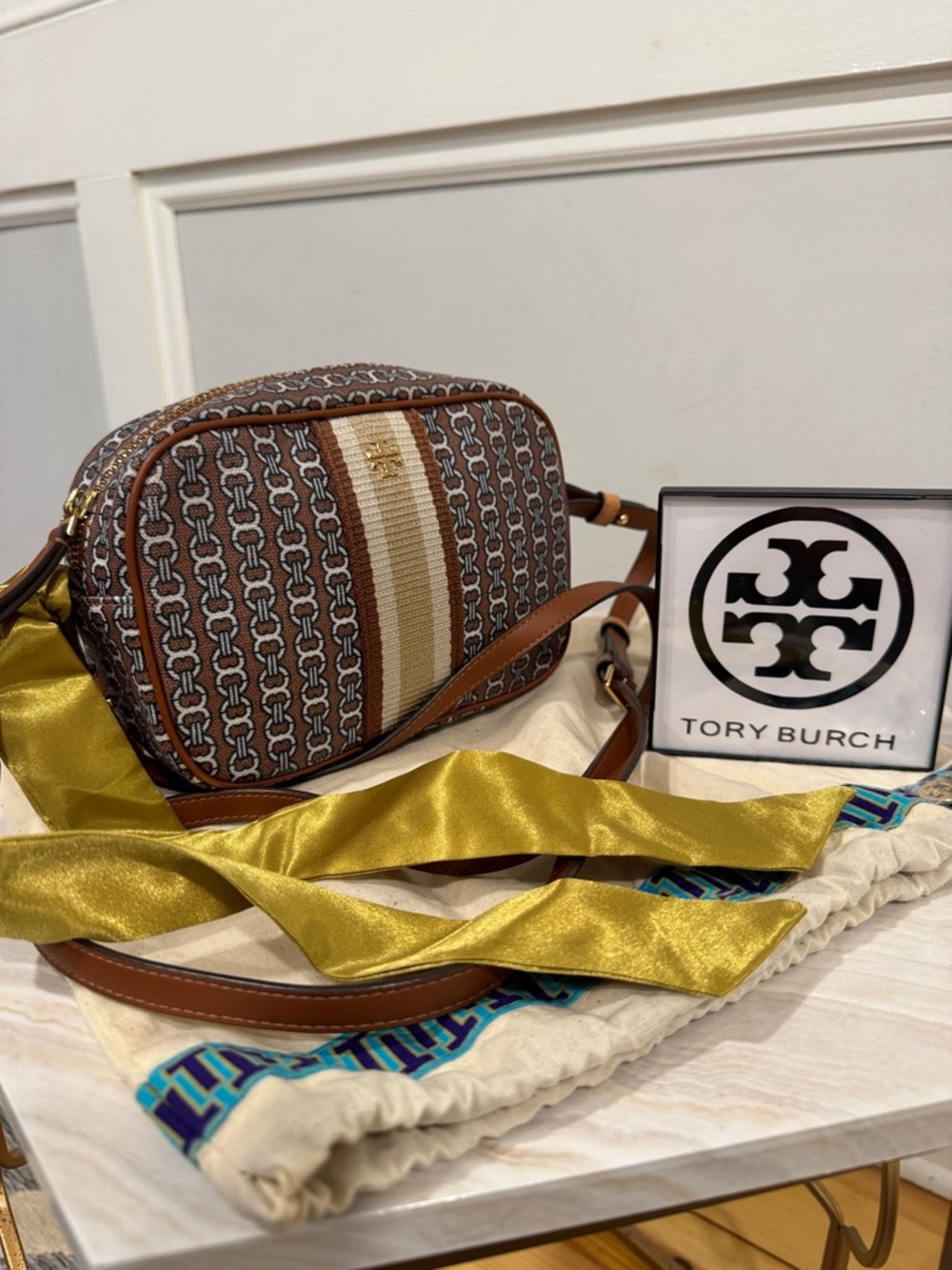 Tory Burch Bag Mini Gemini Link Brown Chain Link Print Monogram Crossbody